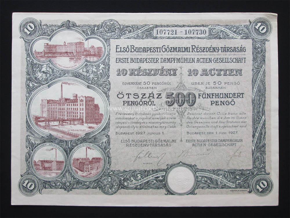 Elsõ Budapesti Gõzmalmi Részvénytársaság részvény 500 pengõ 1927